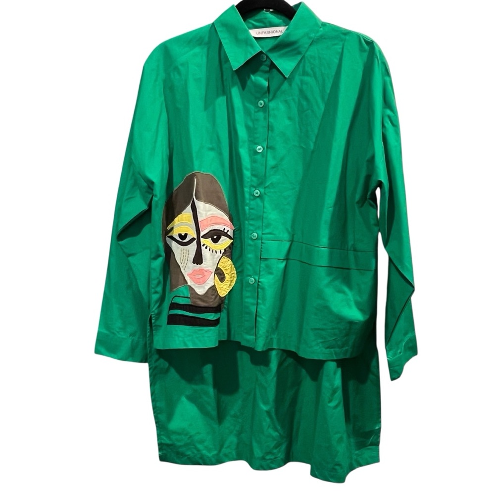 Unfashional Japanese Designer Green Button Front Abstract Face Art Oversized - Picture 7 of 10